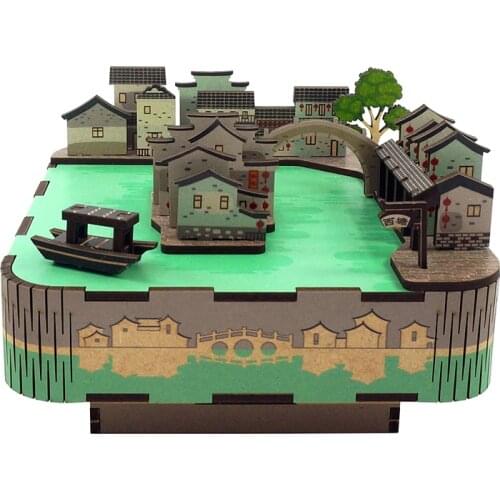 Wooden DIY Music Box Kit Handmade Miniature Ancient Jiangnan Water Town Building Dollhouse Toys Girls Gifts Home Decoration