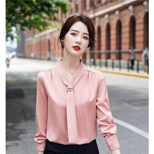 Elegant Pink Long Sleeve Blouses Shirts Spring Autumn OL Styles Blouse for Women Business Work Wear Female Career Blouse Tops