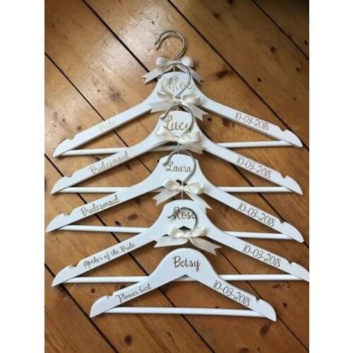 Custom set of 5 printed rustic Wooden wedding bridesmaid bride dress hangers flower girl Bridal shower party gifts favors