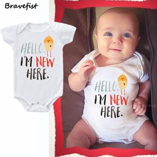 Newborn Infant Clothes Happy Chicken Print White Short Sleeve Tiny Cottons Baby Bodysuits Onesie 0-24M Baby Summer Jumpsuits