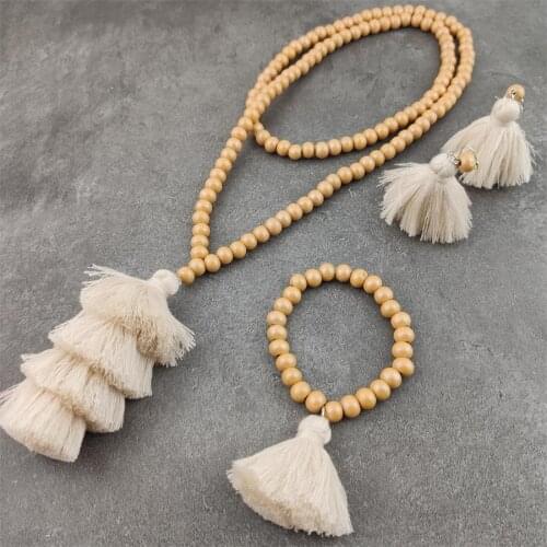 Fashion jewelry Bohemian tassel long necklace khaki wooden beads 2020 women retro necklace pendant statement Christmas gift