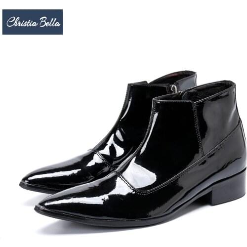 Christia Bella British Patent Leather Shoes Men Ankle Boots Pointed Toe Men Party Dress Boots Plus Size Motorcycle Short Boots