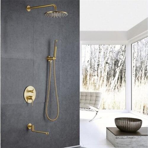 Bathroom Shower Set Brushed Gold Round Rainfall Shower Faucet Wall or Ceiling Wall Mounted Shower Mixer 10" Shower Head