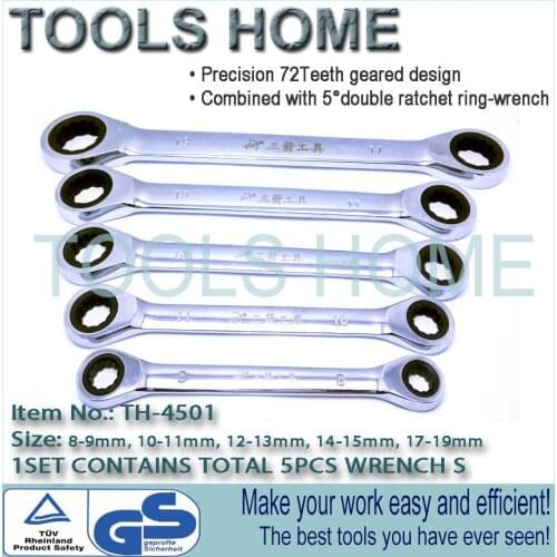 8-19mm 5pcs/set Quick Reversible Combination Ratchet Wrench Set Metal Ratcheting Socket Spanners Auto Repair Hand Home Tools