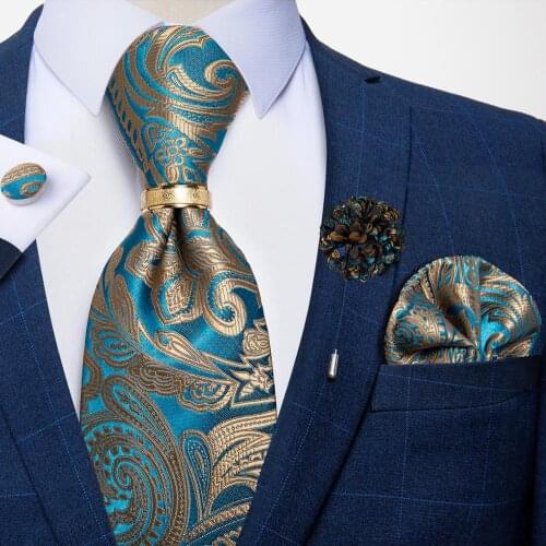 New Fashion Teal Blue Gold Paisley Men Silk Ties Business Wedding Tie Set With Tie Ring Brooch Hanky Formal Dress Cravat DiBanGu