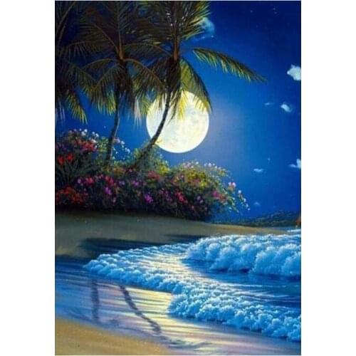 Scenery diamond embroidery painting sea moon mosaic art palm tree rhinestone stickers landscape wall paper decor needlework gift
