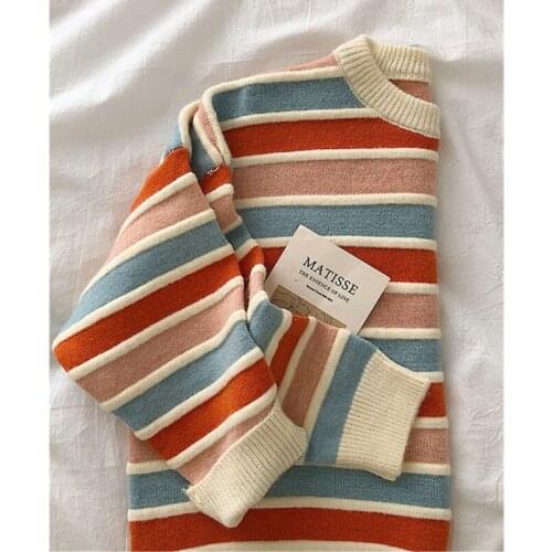 Chic Rainbow Color Winter Fashion Women Oversize Pullovers 2021 Long Sleeve O-Neck Striped Knitwearr Warm Knitted Sweater