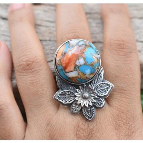 Luxury womens fashion party leisure natural turquoise Flower Ring engagement jewelry birthday gift Bridal Wedding Jewelry