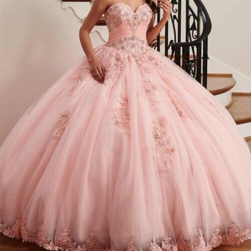 Pink Sweetheart Quinceanera Dresses 2021 Princess Ball Gown Lace Appliques Beads Sleeveless Party Sweet 15 Dress Backless