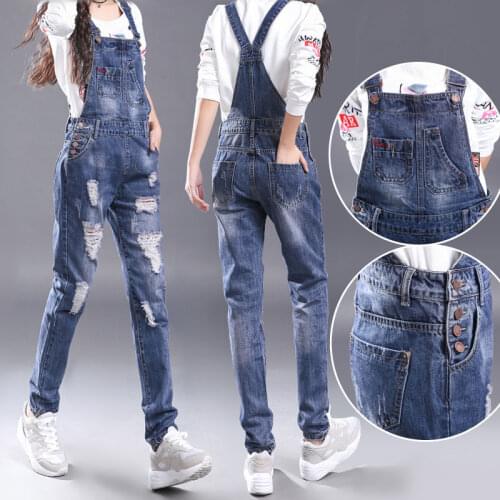 Ripped Denim Overalls Women Spring and Autumn Korean Loose Jumpsuit 2021 New Trendy Jumpsuit Women Cargo Pants Women