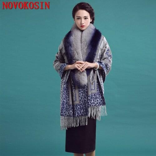 SC382 2019 Autumn Winter Cloak European US Fashion Real Fox Fur Neck Shawl Wool Cashmere Cardigan Warm Tassel Rectangle Wrap