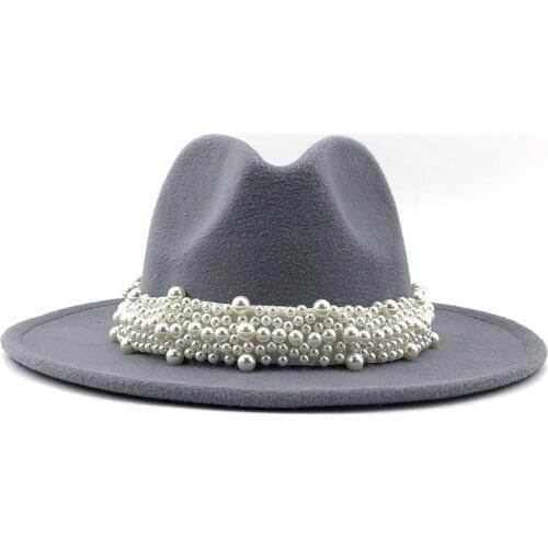 Wool Jazz Fedora Hats Casual Men Women Leather Pearl ribbon Felt Hat white pink yellow Panama Trilby Formal Party Cap 58-61CM