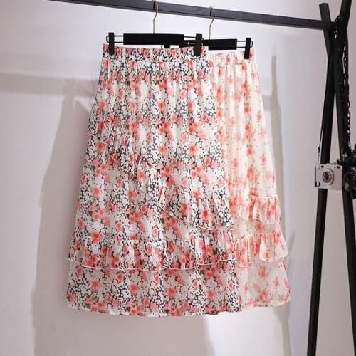 2021 Fashion Oversized Women Printed Skirt Spring Summer Casual Elastic Waist Ruffle Chiffon A-Line Skirts Plus Size 6XL KW1903
