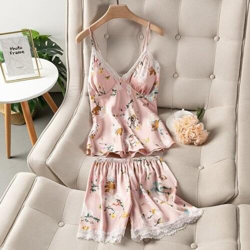Lady 2PCS Strap Top&Shorts Casual Intimate Lingerie Soft Print Satin Shorts Set Pajamas Silky Home Clothes Nightwear Pijamas