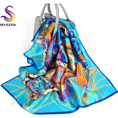 [BYSIFA] Womens Scarves New 100% Silk Scarf Fashion Brand Luxury Pure Silk Blue Scarf Shawl Spring Fall Winter Scarves 88*88cm