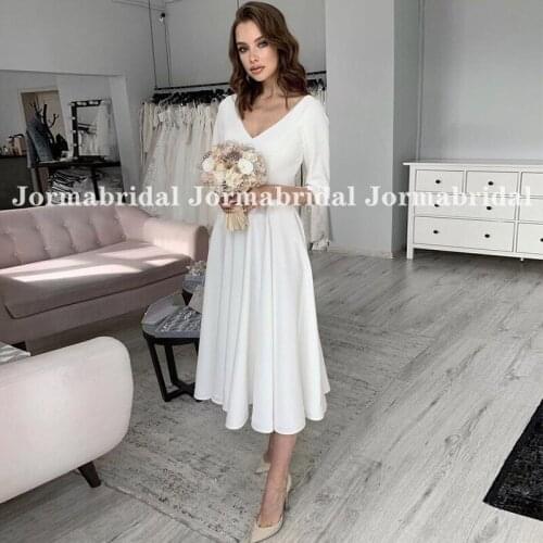 2021 Half Sleeve Short Wedding Dresses Simply V-Neck Satin Tea Length Summer Beach Bridal Dress Backless Russian Bride Gowns