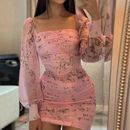 Floral Print Dresses Women Long Sleeve Square Neck Floral Dress Fashion Office Lady Sexy Dress Shirt Bodycon Party Vestidos