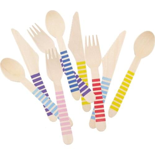18pcs(6sets) Disposable Natural Cutlery Wooden Striped Tableware Sets Knives+Spoons+Forks Party Birthday Wedding Decoration ECO