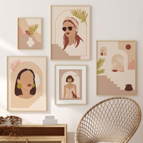 Abstract Girl Stairs Plant Leaves Illustration Art Canvas Painting Nordic Posters And Prints Wall Picture For Living Room Decor