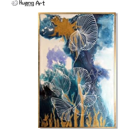 Handmade Water Dyeing Skill Abstract Gold Painting on Canvas Modern White Striped flower Oil Painting for Wall Art Decor Picture