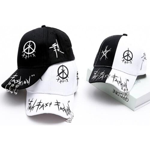 Men Women Black White Graffiti Printed Baseball Cap with 3 Metal Rings Harajuku Hip Hop Adjustable Snapback Trucker Hat