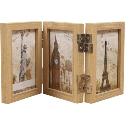 Retro Double-Sided Triple-Fold Composite Photo Frame Hinged Picture Display Stands with Glass Front Desktop Table Home Decor
