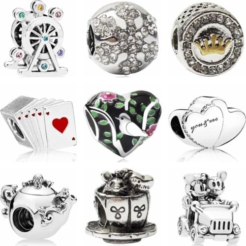 Btuamb European Flower Bird Hamburger Trophy Poker Love Heart Beads Fit Pandora Charm Bracelets Necklaces DIY Making Jewelry