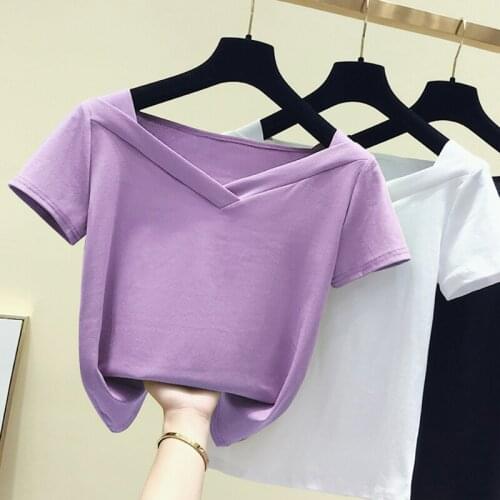 2020 Summer Basic T-shirts Women Solid V-Neck Cotton Tops Female Casual Short Sleeve Tee Shirt Woman White Black Harajuku