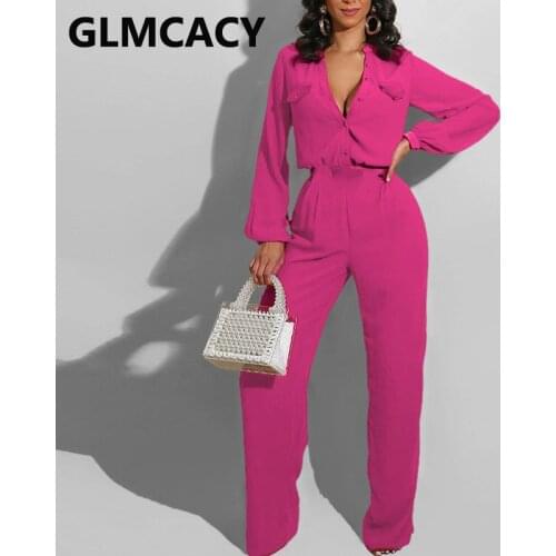 Women Long Sleeve Button-down Jumpsuits Regular Elegant Solid Jumpsuit Overalls