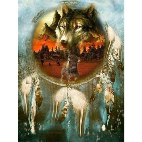 Dreamcatcher Wolf Printed Fabric 11CT Cross Stitch Patterns DIY Embroidery DMC Threads Craft Sewing Handicraft Needle
