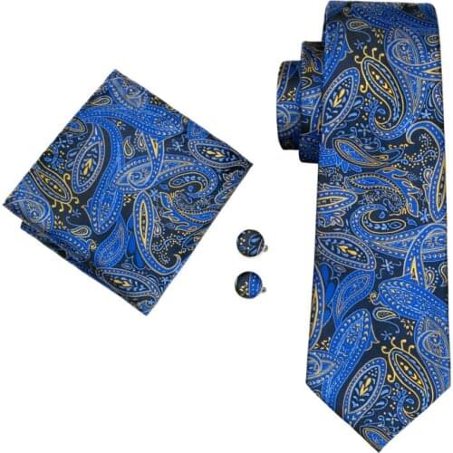 LS-1447 Barry.Wang Fashion Men`s Tie 100% Blue Paisley Silk Necktie Hanky Cufflink Set For Men`s Wedding Party Groom Business