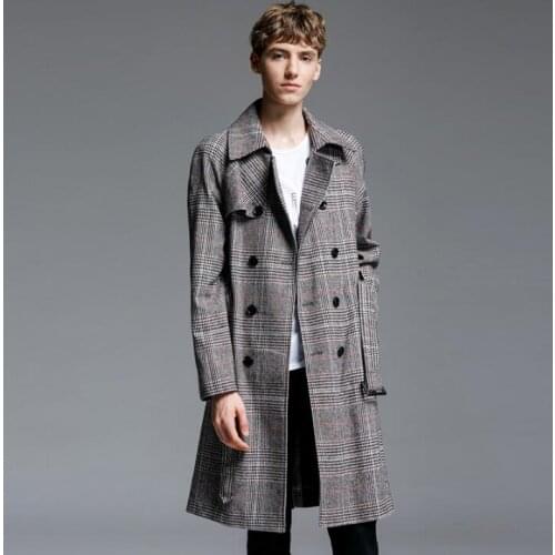 Retro fashion 2020 new designer mens lattice trench coats man double breasted long coat men clothes slim overcoat long sleeve