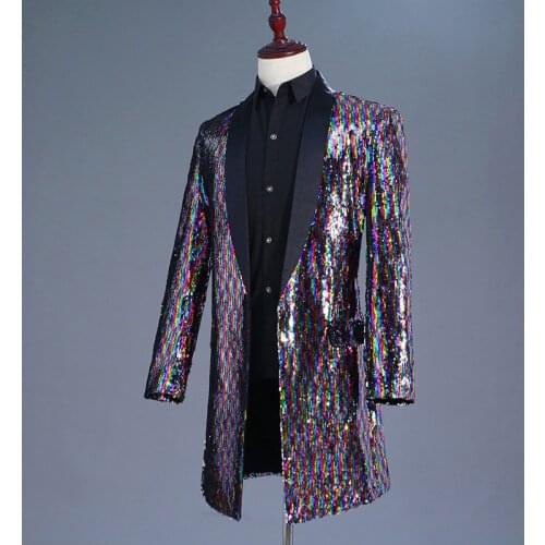 Mens Stage Suit Jackets Long Color Changing Windbreaker Colorful Sequins Men Jackets Casual Turn-down Collar Polyester Trench