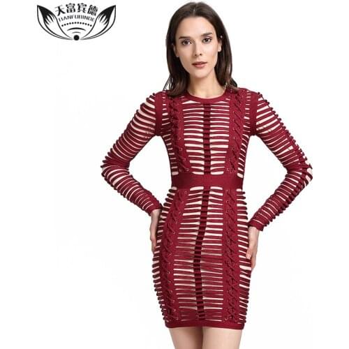 2018 New Long Sleeve Club Party Dresses Sexy Bandage Dress Striped Bodycorn Hollow Out Dresses Women Celebrity Mini Dresses