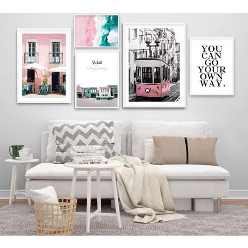 Landscape Canvas Poster Nordic Decoration Pink Beach Bus Wall Art Print Painting Decorative Picture Scandinavian Home Decor