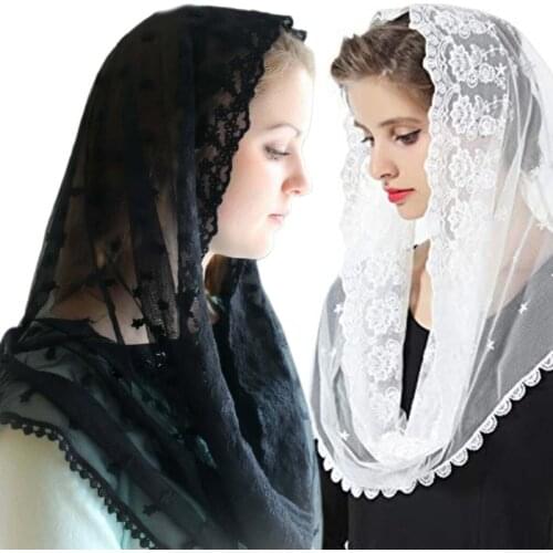 2021 New Muslim Infinity Floral Lace Veil Scarf Chapel Head Covering Wrap Mantilla Hijab