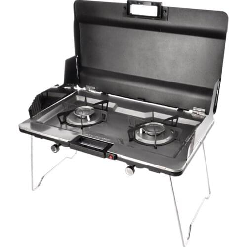 Portable Camping 2-Burner Stove For Outdoors With 3 Side Windshield Panels and Carry Case