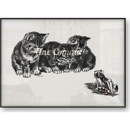 Kittens and a Toad Poster Vintage Cat Frog Art Illustration Ernest Nister Canvas Print Painting Wall Art Decor Room Decoration