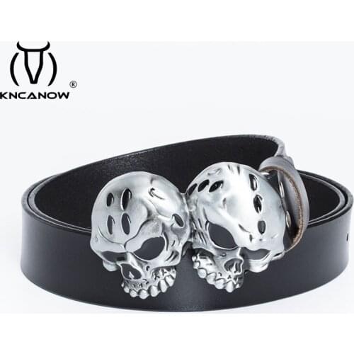 New Fashion Men Belt Cowskin Leather Personality Casual Two Skull Head Buckle Strap Cowhide For Jeans Male Design High Quality