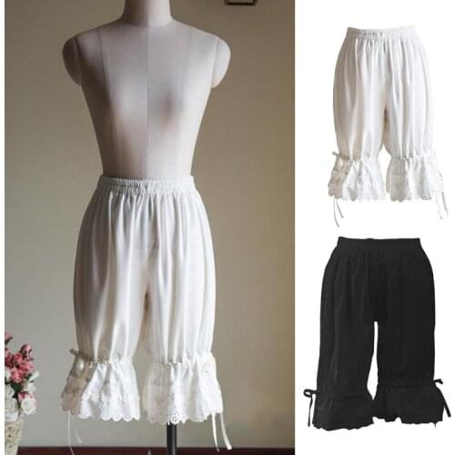 Women Lolita Medieval Renaissance Vintage Bloomers Ruffles Lace Hem Bow Lantern Pumpkin Shorts Solid Color Elastic Bubble