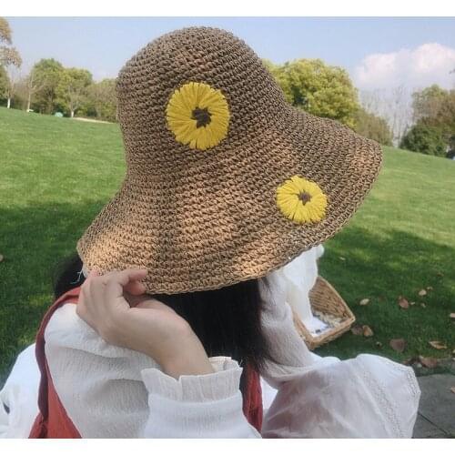 Fashion Summer Spring New Womens Sun Hat Bucket Cap Flat Top Straw Hat Beach Caps Panama Female Bucket Hats Outdoor Travel Cap