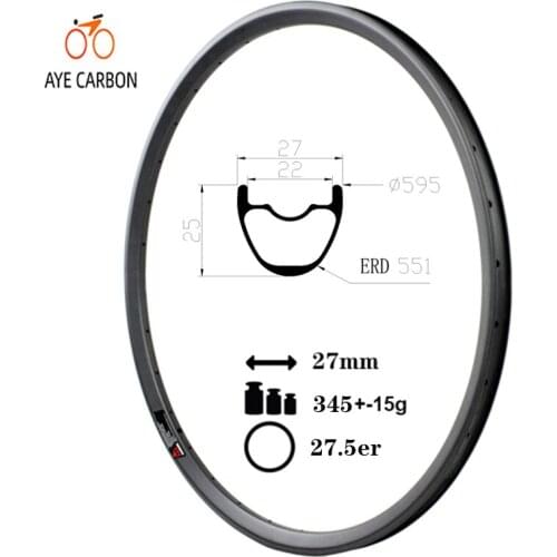 Carbon fiber 27mm width 25mm depth tubeless ready hookless rims full carbon MTB bicycle rim 27.5er mountain bike rims for XC