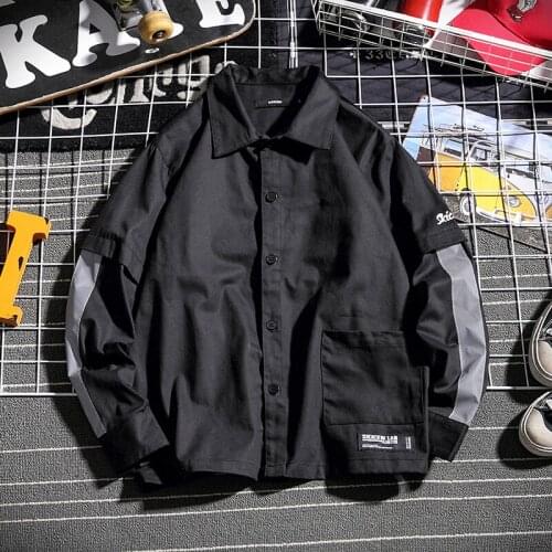 Spring and Autumn Tide brand retro letter printing fake two-piece shirt male Japanese loose tooling cardigan shirt casual jacket