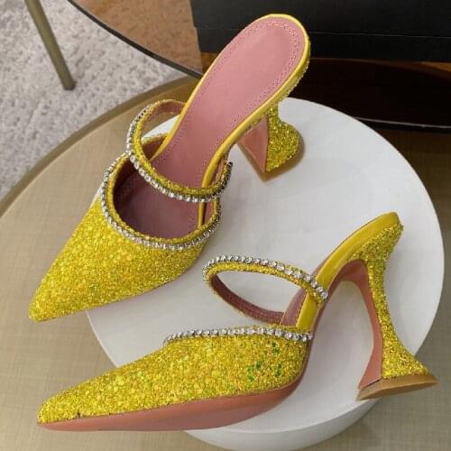 Pointed Toe Spring slippers Yellow Fold High Heels Mules Shoes New flip flops High Heel Party Sandals For Women Wedding Heels