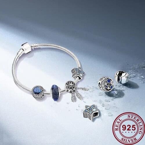 2020 New 925 Pure Silver Dream Star Dream Catcher Blue Beaded Pan Bracelet For Women Wedding Party Gift Fashion Jewelry