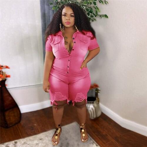5XL Plus Size Sexy Jeans Casual Women Clothes Slim Holes Cowboy Jumpsuit Fashion V Neck Short Sleeve Pocket Jumpsuits For Ladies