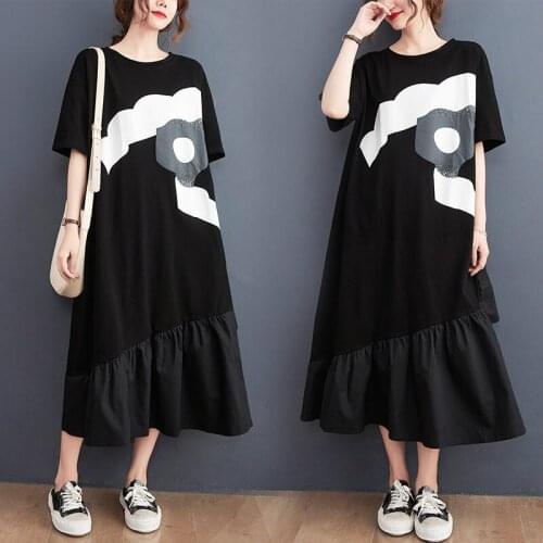 Plus Size Womens Summer 2021 New Loose T-Shirt Ruffle Dress Mid-Length Fashion Patchwork Dress Baggy Casual Clothing zh1603
