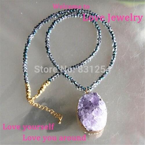 1pc Natural Purple Quartz Drusy Pendant Necklace Charm Beads Chain Druzy Stone Necklace Jewelry Statement