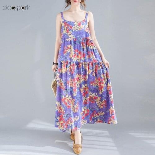 2021 Summer Print Dress Women Vintage Sleeveless Floral/Striped Dresses Plus Size Boho Holiday Vestidos Loose Beach Dress Femme