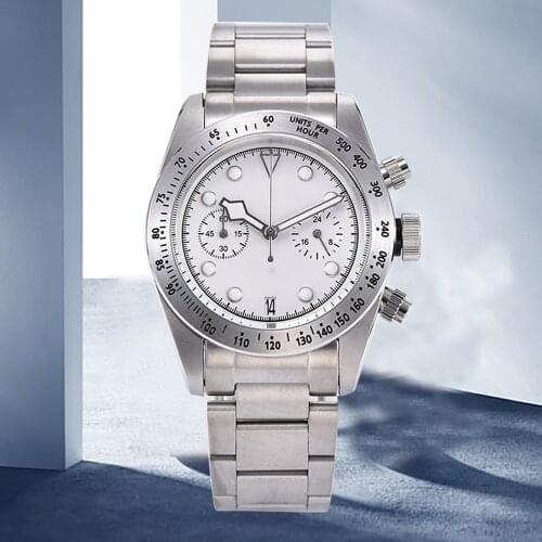 41MMMineral Glass Luminous Hands Stainless Steel Case VK64 Quartz Chronograph White Dial Multifunctional Mens Watch